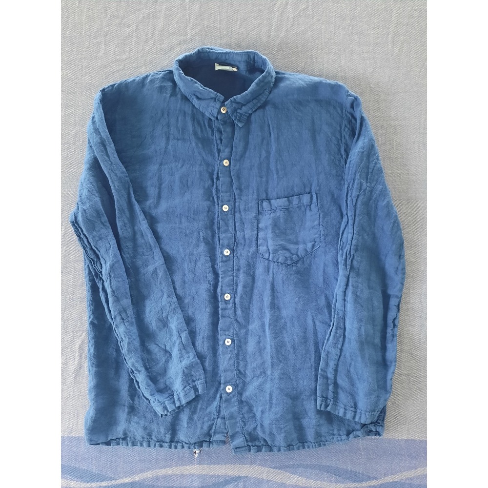 Grimani Mens XXL Blue Pure Linen Button Down Shirt Made in Greece Long Sleeve